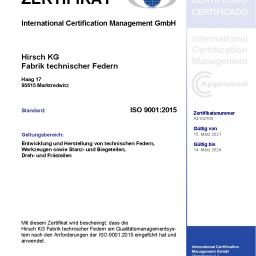 Zertifikat ISO 9001-2015 - Hirsch KG - gültig bis 14.03.2024