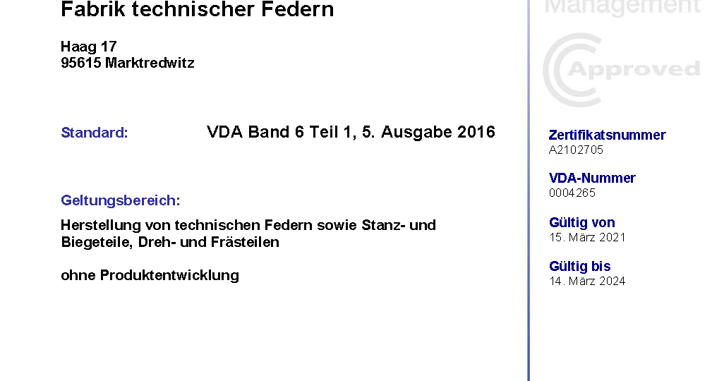 Zertifikat VDA 6.1 - Hirsch KG - gültig bis 14.03.2024