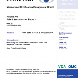 Zertifikat VDA 6.1 - Hirsch KG - gültig bis 14.03.2024